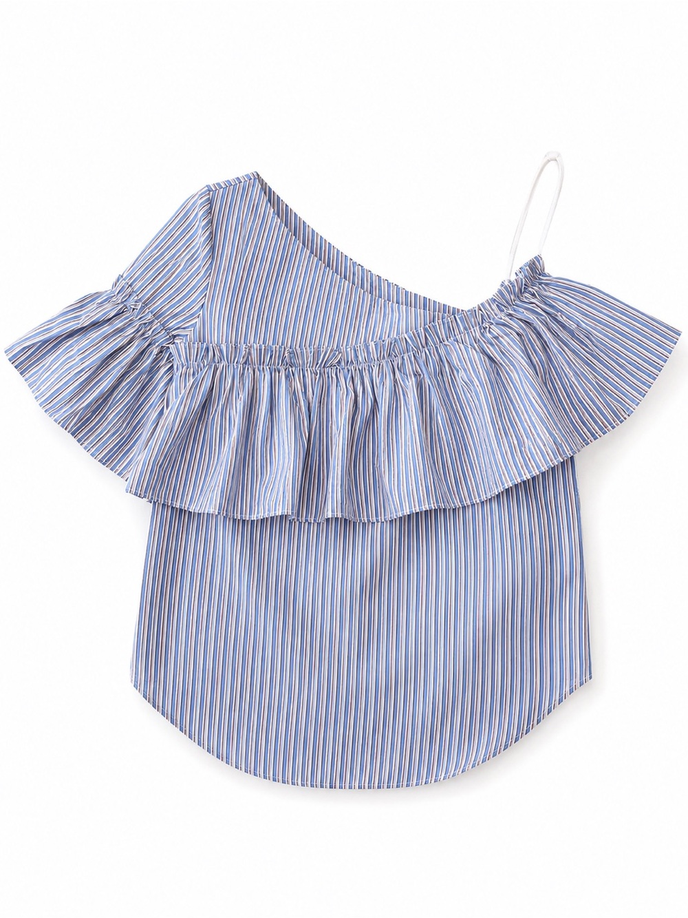 Bar III Blue and White Striped One-Shoulder Ruffle Top